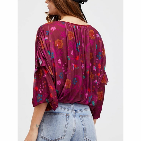 Free People 💗 Berry Combo Pink floral print ruffle accent puff sleeve top - Picture 2 of 10